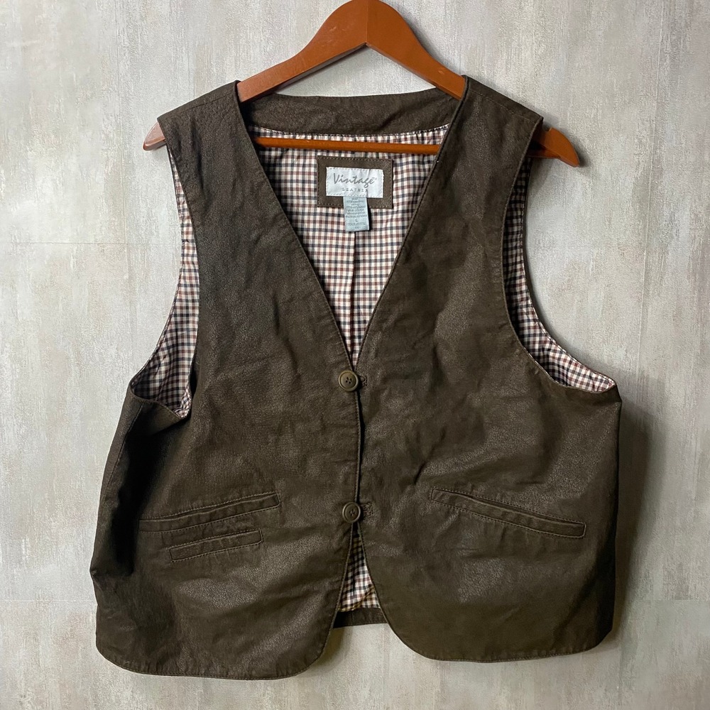 Vintage Leather Vest Women Large Brown Genuine Leather Plaid Lined Button Front